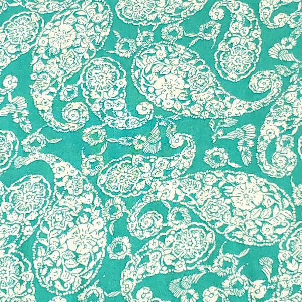 Rayon Challis, Gorgeous Jade, Teal, White Paisley Print. A Very Nice Light and Flowing Fabric. Nice Rayon Woven Fabric. Sold by the 1/2 yard
