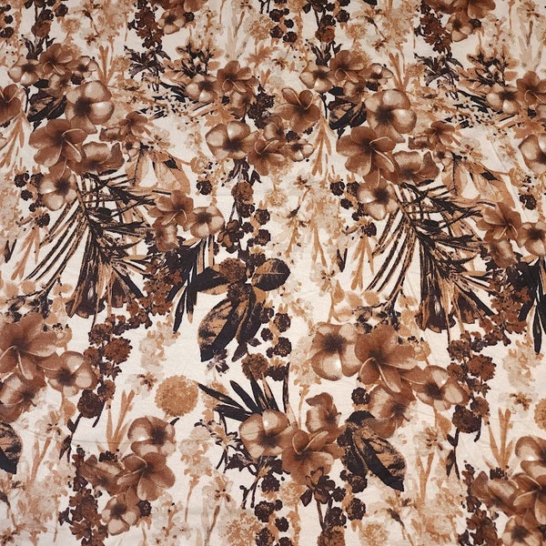 Viscose Spandex Euro Knit Fabric, Pretty Taupe Beige Floral, Excellent Quality Soft and Silky Fabric, 4-way stretch. Sold by the 1/2 yard.