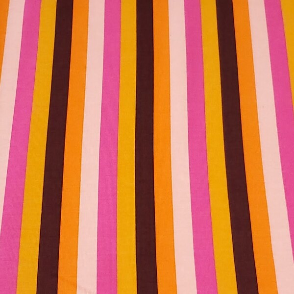 Pink Striped Cotton Jersey Knit Fabric, Orange, Brown, White stripe, Quality Knit Fabric From Europe, 4-way stretch .Sold by the 1/2 yard.