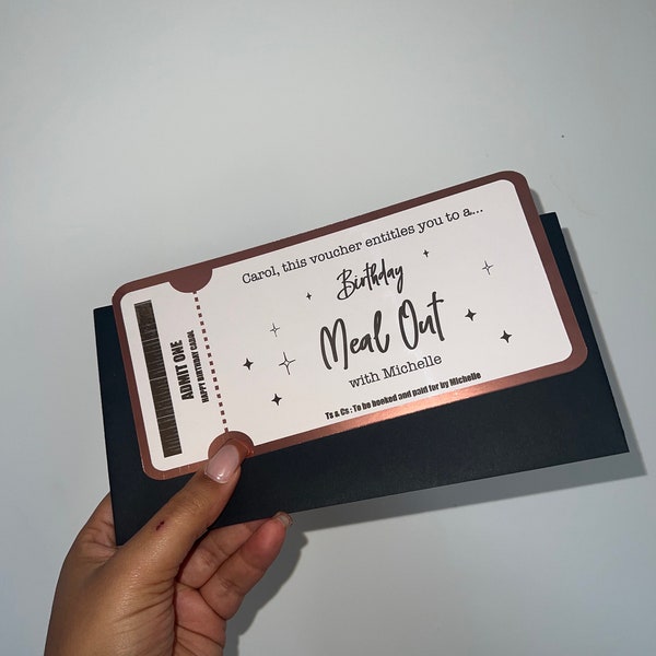 Gepersonaliseerd maaltijdticket, cadeaubon, aangepast vouchercadeau voor verjaardagen en speciale gelegenheden, gouden ticket