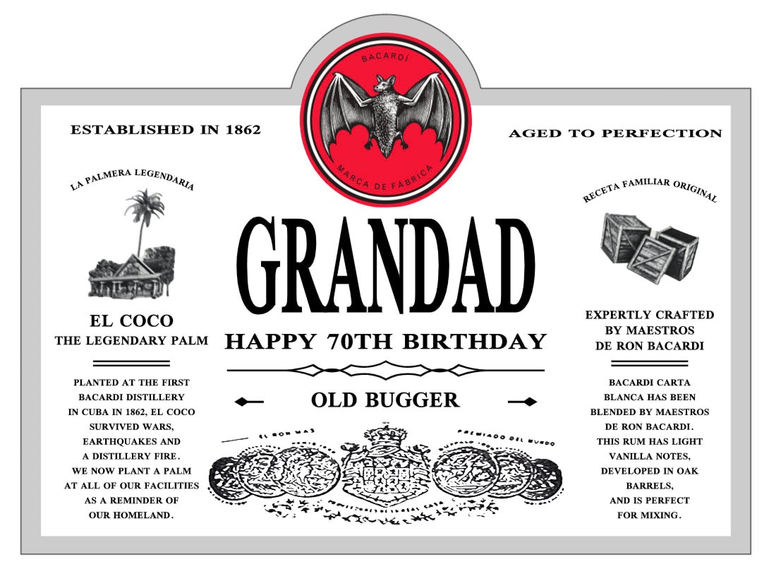 EDIT YOUR OWN Personalised Bacardi Rum Bottle Label - To fit 700ml / 1 litre  bottles - Any Name, Short Message, Date