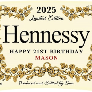Etiqueta personalizada digital para botella Hennessy: para tartas y botellas: cualquier nombre, mensaje, fecha, edad, para cumpleaños y celebraciones