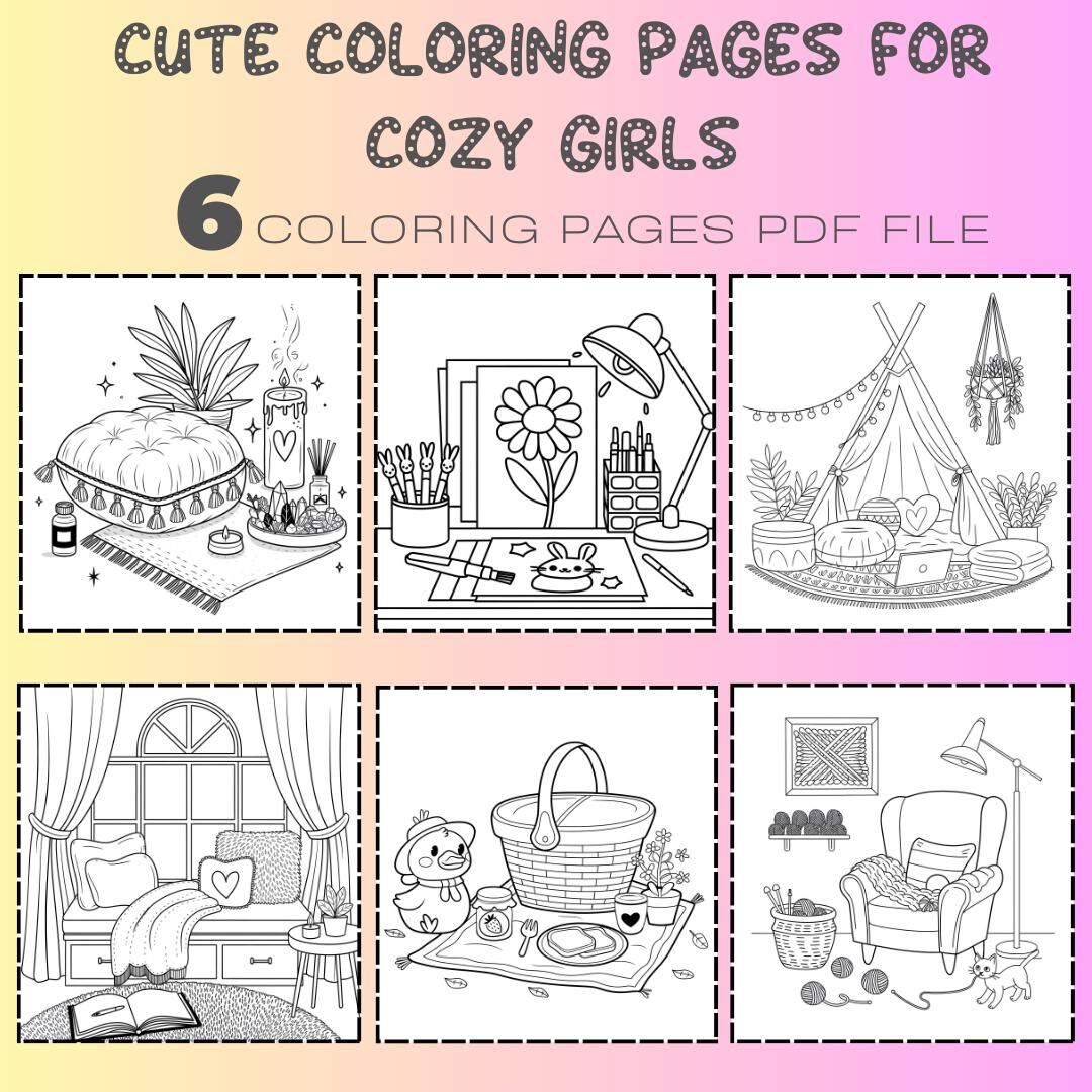 Cute Coloring Pages for Cozy Girls, 6 Relaxing, Comfy and Hygge Home ...