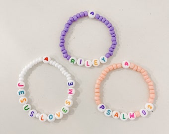 Set of 3 Colorful Kids Letter Beaded Name Christian Bracelets | Faith Words Phrase | Jesus Loves Me | Boys Girls Children Stretchy Jewelry