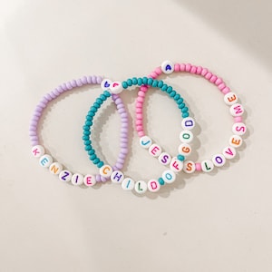 Set of 3 Colorful Kids Letter Beaded Name Christian Bracelets | Jesus Loves Me | WWJD | Bible Verse Faith | Girls Children Stretchy Jewelry