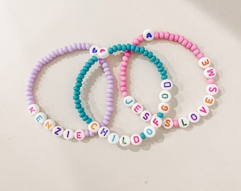 Set of 3 Colorful Kids Letter Beaded Name Christian Bracelets | Jesus Loves Me | WWJD | Bible Verse Faith | Girls Children Stretchy Jewelry