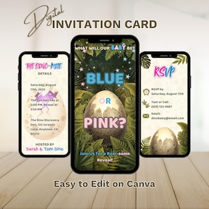 Può includere: Biglietto d'invito digitale per una rivelazione del sesso del bambino. Il design presenta tre smartphone che mostrano i dettagli dell'invito, tra cui data, ora e luogo. Il telefono centrale mostra "Blu o Rosa?" con un uovo di dinosauro. Facile da modificare su Canva.