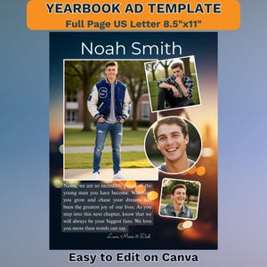 Puede incluir: Una plantilla de anuncio de anuario con el texto "YEARBOOK AD TEMPLATE" y "Full Page US Letter 8.5"x11". El anuncio presenta fotos de un joven, el nombre "Noah Smith" y un mensaje de sus padres. El anuncio es fácil de editar en Canva.