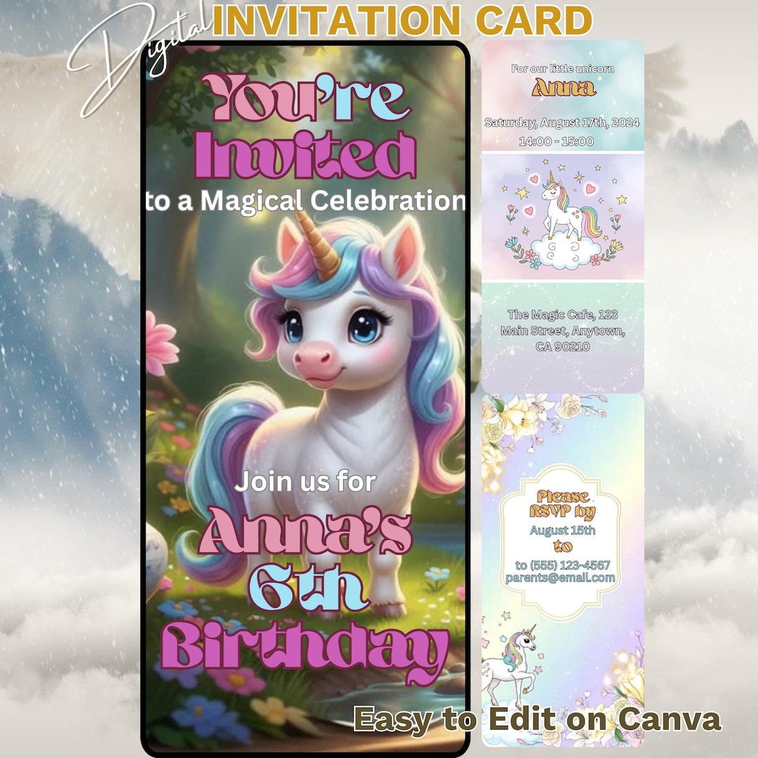 Animated Unicorn Birthday Invitation Video: Editable Canva Template ...