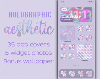 Holograficzne ikony estetyczne, ikony aplikacji iOS 14, Mermaid Vibes, pakiet ikon SVG, Mermaid Aesthetic, ikony mediów społecznościowych, Irridescent