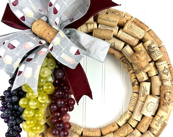 Cork Wreath with grapes and a bow.  Man cave decor, bar decor, gift for Mom, gift for Dad