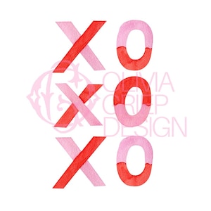 Clip art preppy rosa e rosso XOXO / Acquerello di San Valentino PNG / Abbracci e baci dipinti a mano da scaricare digitalmente per biglietti e lavoretti