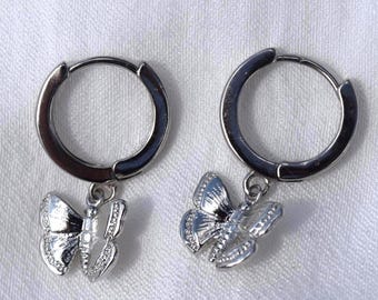 Butterfly Charm Huggie Earrings | Hypoallergenic, Nickel and Lead Free | Silver Handmade Jewelry | Rhodium Plated
