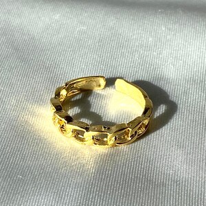 Può includere: Un anello a catena dorato. L'anello presenta un design a maglie di catena ed è regolabile. L'anello è posto su uno sfondo bianco, con un'illuminazione soffusa.