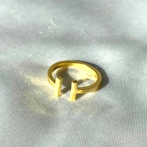 Può includere: Un anello dorato dal design moderno e minimalista. L'anello presenta una fascia divisa con un accento a barra verticale, creando un look unico ed elegante. L'anello è realizzato in metallo lucido e riflettente.