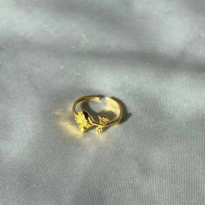 Pu&ograve; includere: Un anello color oro con un design a rosa. L'anello presenta un motivo dettagliato di rosa e foglie. L'anello &egrave; posto su uno sfondo morbido e chiaro, evidenziando l'intricato design e la tonalit&agrave; dorata dell'anello.