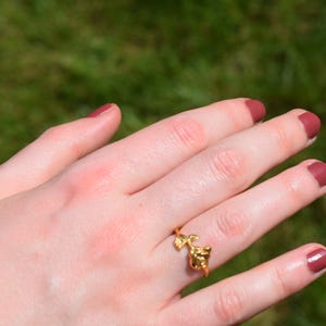 Pu&ograve; includere: Un anello dorato con un design floreale &egrave; indossato su un dito. Le unghie sono dipinte di un colore rosso scuro. Lo sfondo &egrave; un verde sfocato.