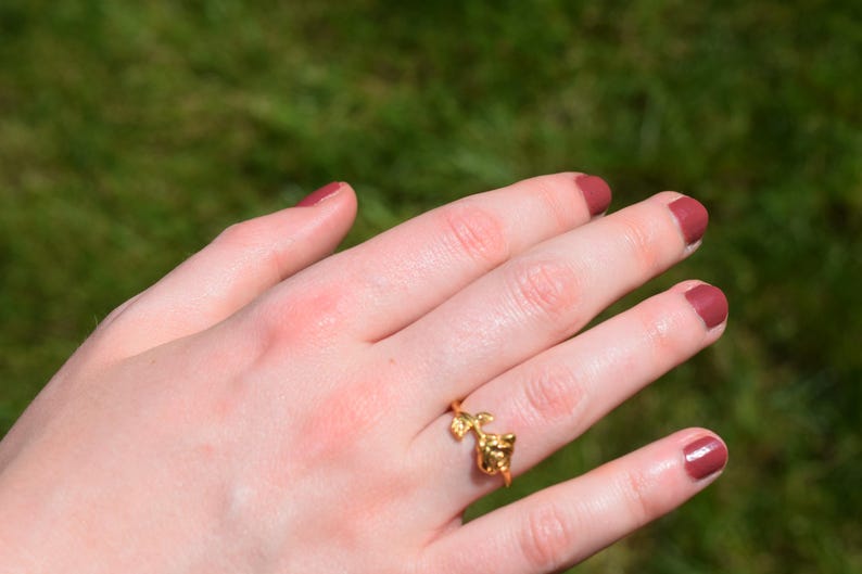 Pu&ograve; includere: Un anello dorato con un design floreale &egrave; indossato su un dito. Le unghie sono dipinte di un colore rosso scuro. Lo sfondo &egrave; un verde sfocato.