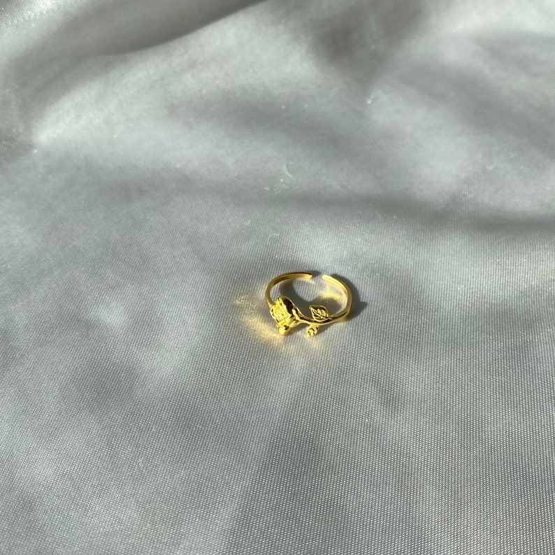 Pu&ograve; includere: Un anello color oro con un design a rosa. L'anello presenta un motivo dettagliato di rosa e foglie. L'anello &egrave; posto su uno sfondo morbido e chiaro, evidenziando l'intricato design e la tonalit&agrave; dorata dell'anello.