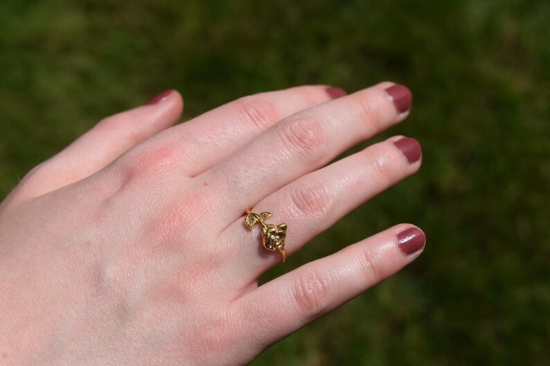Pu&ograve; includere: Un anello dorato con un design a forma di rosa. L'anello &egrave; indossato su un dito, con il dettaglio della rosa in cima. Lo sfondo &egrave; un verde sfocato, che suggerisce un ambiente esterno. Il design delicato dell'anello &egrave; il punto focale.