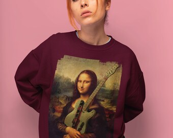 Mona Lisa with Guitar Sweatshirt, Guitar Art Sweatshirt, Girl with Guitar Unisex Sweatshirt