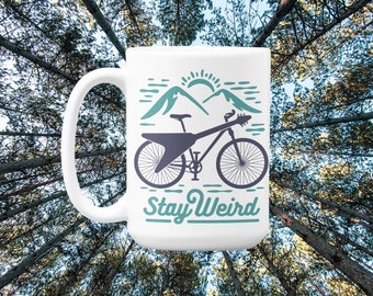 Bicycle and guitar mug, cyclist guitarist gift, stay weird premium glossy mug