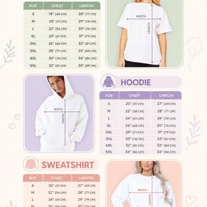 May include: A size chart infographic for t-shirts, hoodies, and sweatshirts, featuring tables with chest and length measurements from S to 5XL in inches and centimeters. It includes photos of individuals wearing each garment type with width and length arrows.