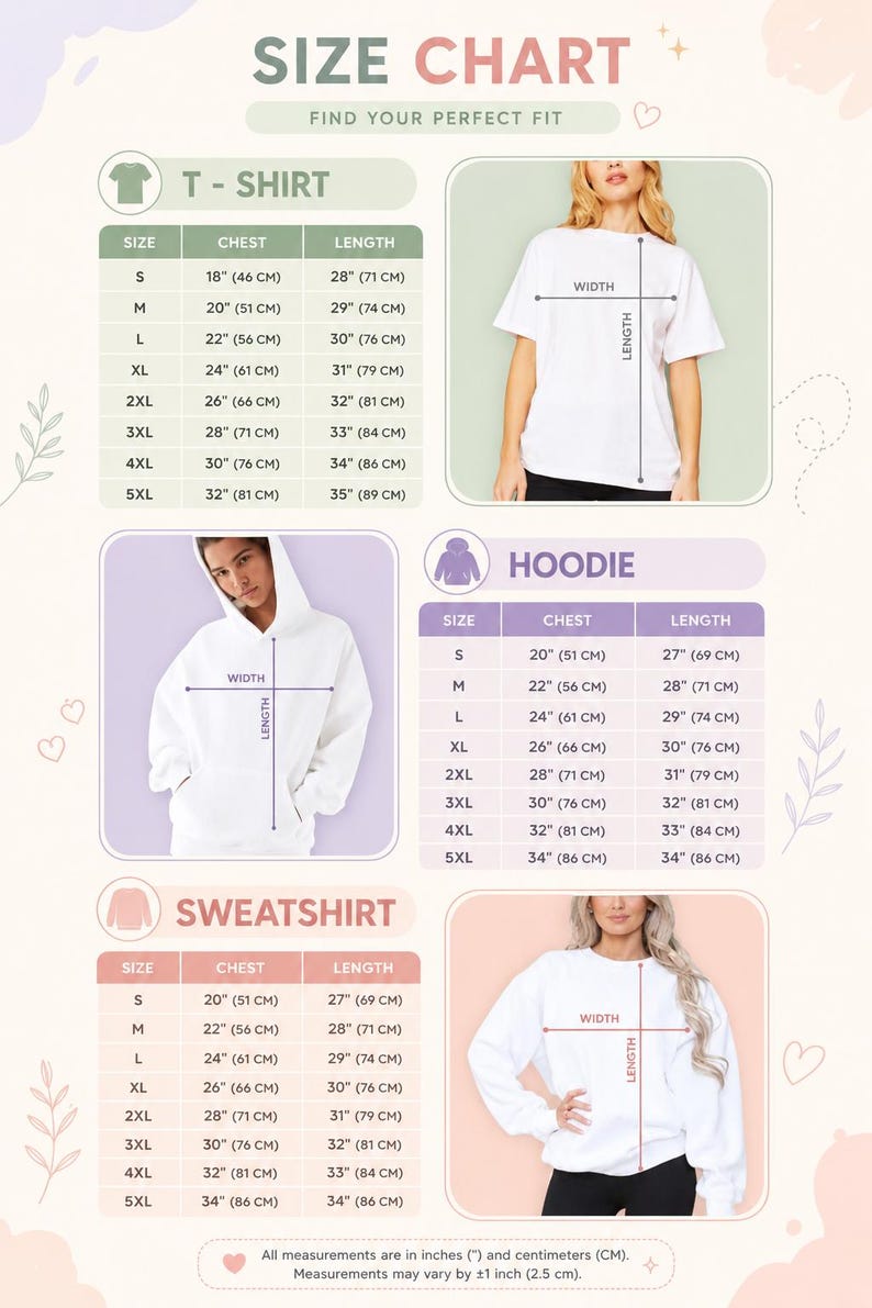 May include: A size chart infographic for t-shirts, hoodies, and sweatshirts, featuring tables with chest and length measurements from S to 5XL in inches and centimeters. It includes photos of individuals wearing each garment type with width and length arrows.