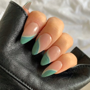 GEMMA Reusable Press On Nails | Abstract minimal spring green and blue tones stick on set of 10 hand painted false nails