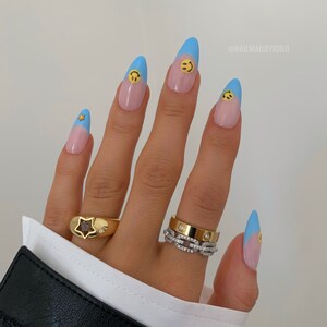 MILEY Reusable hand Painted Press On Nails Blue french yellow smile face abstract stick on set of 10 false nails image 2