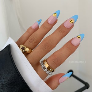 MILEY Reusable hand Painted Press On Nails Blue french yellow smile face abstract stick on set of 10 false nails image 1