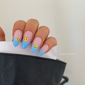 MILEY Reusable hand Painted Press On Nails Blue french yellow smile face abstract stick on set of 10 false nails image 4