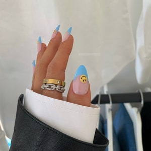 MILEY Reusable hand Painted Press On Nails Blue french yellow smile face abstract stick on set of 10 false nails image 5