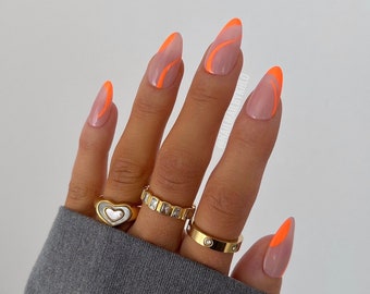SOL Reusable Hand Painted Press On Nails | Spring summer orange abstract lines stick on set of 10 false nails