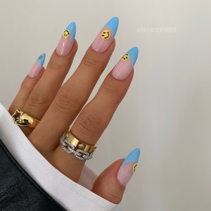 MILEY Reusable hand Painted Press On Nails Blue french yellow smile face abstract stick on set of 10 false nails image 3