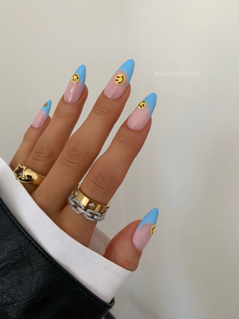 MILEY Reusable hand Painted Press On Nails Blue french yellow smile face abstract stick on set of 10 false nails image 3