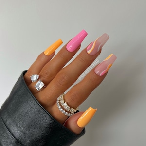 THEA Reusable Hand Painted Press On Nails | Minimal orange pink white lines abstract stick on set of 10 false nails