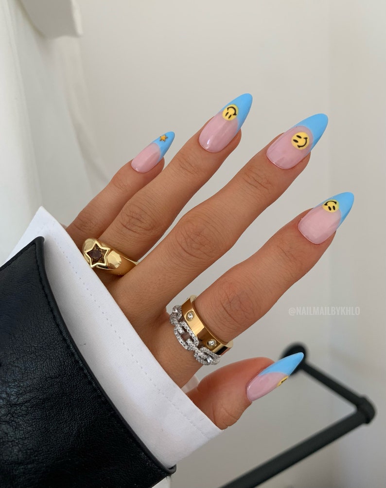 MILEY Reusable hand Painted Press On Nails Blue french yellow smile face abstract stick on set of 10 false nails image 1