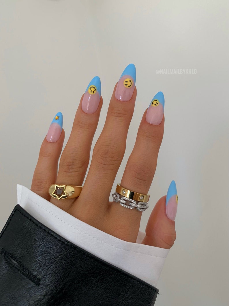 MILEY Reusable hand Painted Press On Nails Blue french yellow smile face abstract stick on set of 10 false nails image 2