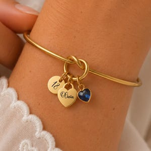 18th Birthday Girl Bracelet with Personalised Engraved Name Charm, Age Disc and Heart Birthstone