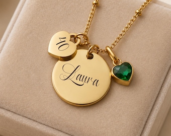 Personalised 40th Birthday Necklace with Name, Age and Heart Birthstone Charm, Fortieth Jewellery Keepsake