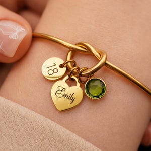 13th 16th 18th 21st 30th Milestone Birthday Gift, Gold Knot Bangle Bracelet, Personalised Birthstone Heart Bracelet