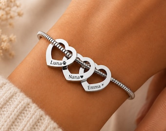 Personalised Kids Names Heart Bracelet, Custom Engraved Name Jewellery, Family Gift for Mum