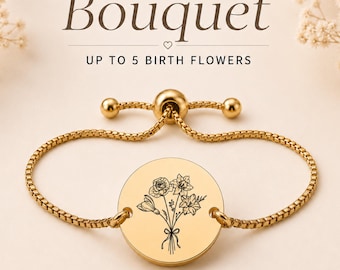 Combined Birth Flower Bracelet, Custom Family Flower Bouquet Bracelet, Gifts For Daughter, Personalised Jewellery Gift Mum, Birthday Gifts