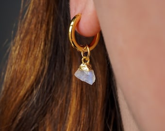 Rainbow Moonstone Earrings, June Birthstone, Raw Crystal Earrings, Silver Gold Hoop Earrings, Moonstone Jewelry, Huggie Hoop Earrings