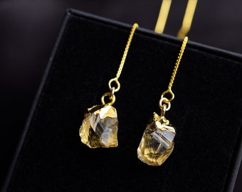 Citrine Earrings, Gold Threader Earrings, November Birthstone Gift, Boho Wedding Jewely, Raw Gemstone Earrings, Crystal Earrings