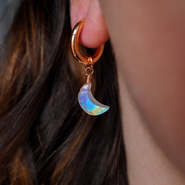 Rainbow Moonstone Earrings, June Birthstone Jewelry, Crescent Moon Earrings, Charm Hoop Earrings, Moonstone Earrings, Huggie Hoop Earrings