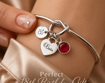 Cadeau 18e anniversaire pour elle : nom personnalisé souvenir d'une étape importante, bracelet jonc noeud en argent
