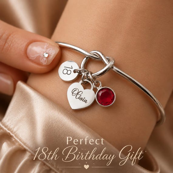 18th Birthday Gift for Her — Personalised Name Milestone Keepsake, Silver Knot Bangle Bracelet