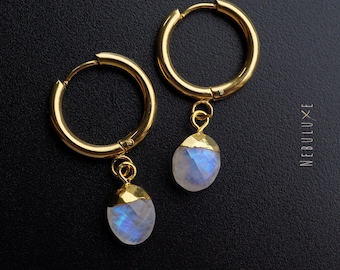Moonstone Hoop Earrings, June Birthstone, Birthstone Earrings, Gold Hoop Earrings, Rainbow Moonstone Jewelry, Huggie Earrings With Charm